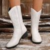 Female Mid-calf Length Solid Color Pointed Chunky Heel Martin Boots - Paternora