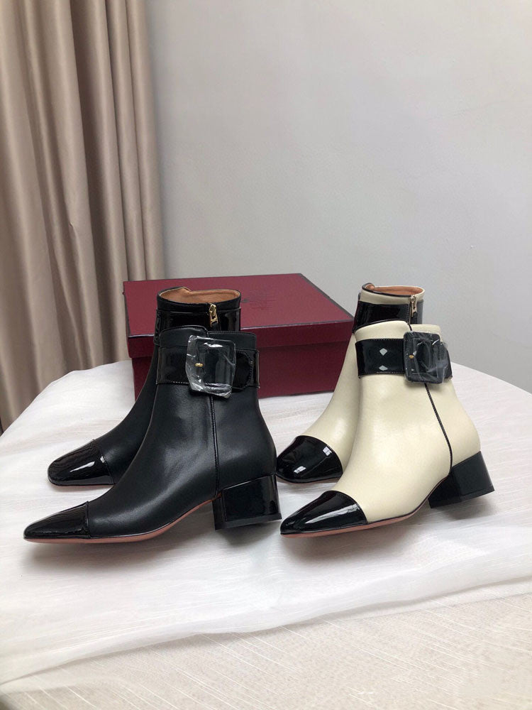 Women’s Buckle Side Zipper Color Matching Cowhide Ankle Boots