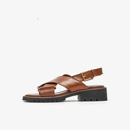 Women’s Chunky Heel Retro Cross Strap Sandals - Coffee / 35