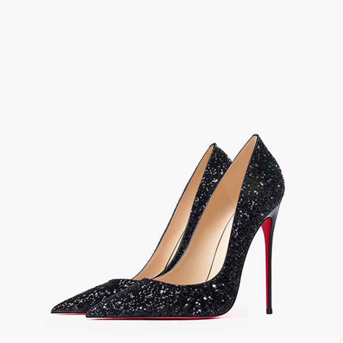 New 12cm Super Pointed High Heels Women’s Black Silver Sequins