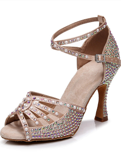 Women’s Hot Rhinestone Latin Dance High Heel Shoes Soft Bottom Rhinestone - Skin Color / 34