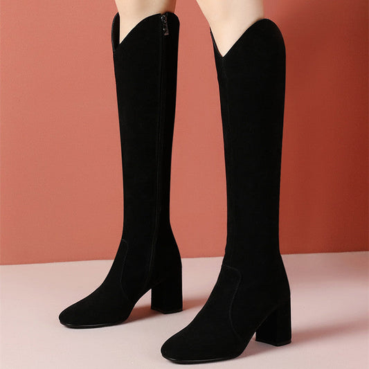 Women’s New Thick High Heel High Boots Leather Grinding