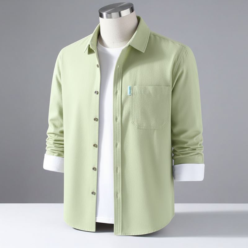 Men’s Cotton Twill Overshirt - Minimalist Workshirt Jacket Long Sleeve Button Down - Bean Green / M