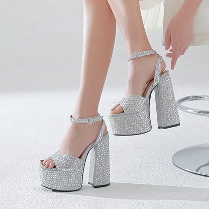 Women’s Leather Block Heel Rhinestone High Heel Sandals - Silver / 33