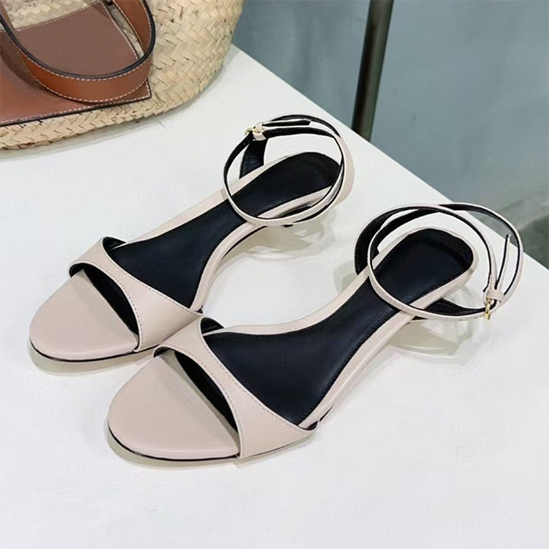 Women’s Leather French-style Retro Open Toe Sandals With Kitten Heel - Beige / 35