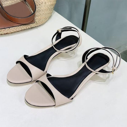 Women’s Leather French-style Retro Open Toe Sandals With Kitten Heel - Beige / 35