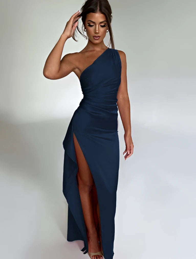 Sexy One-Shoulder Backless Satin Slit Dress for Women - Blue / L