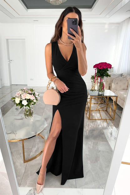 Elegant V-Neck Sleeveless High Slit Gown - Black / S