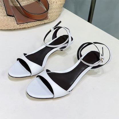 Women’s Leather French-style Retro Open Toe Sandals With Kitten Heel - White / 35