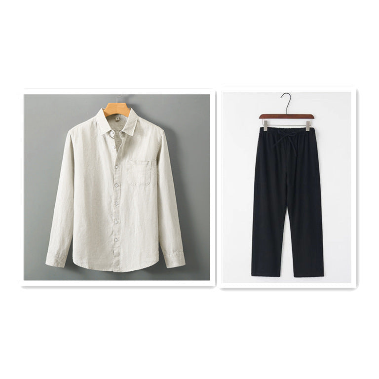 Summer New Casual Linen Shirt Men’s Loose Standing Collar - Beige top Black / 3XL