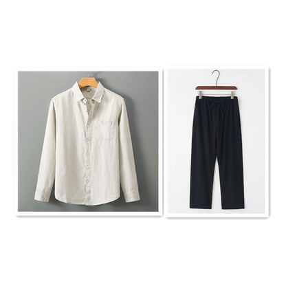 Summer New Casual Linen Shirt Men’s Loose Standing Collar - Beige top Black / 3XL