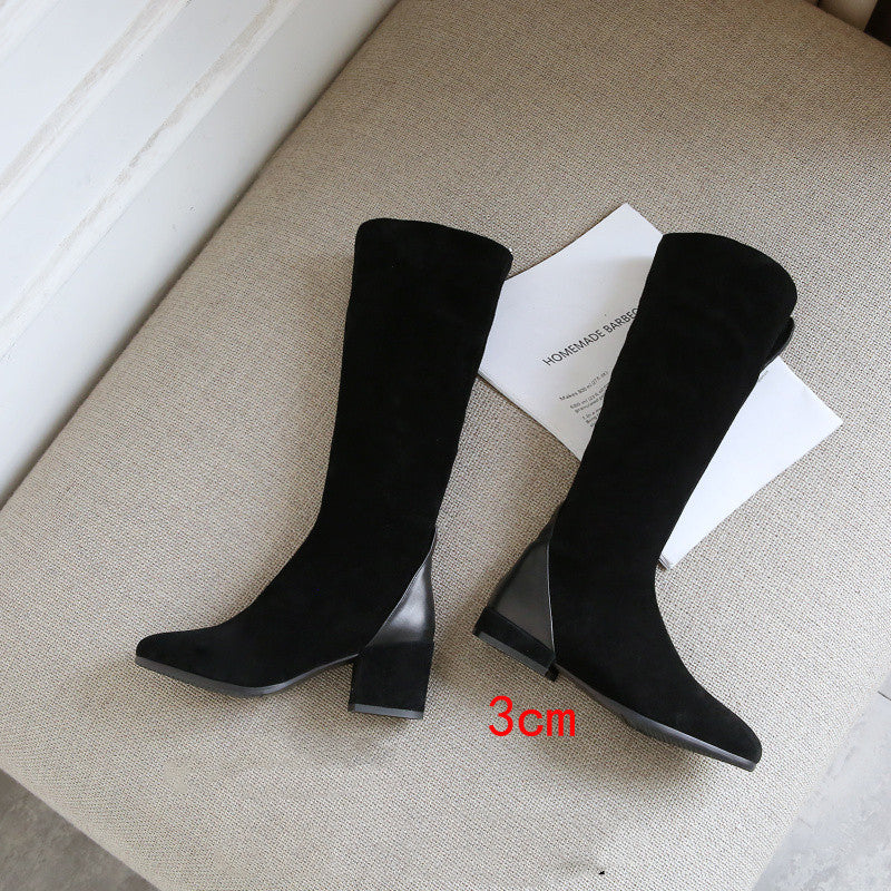 Women’s New Leather Scrub Thick Heel High Boots