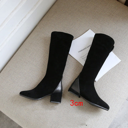 Women’s New Leather Scrub Thick Heel High Boots