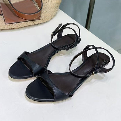 Women’s Leather French-style Retro Open Toe Sandals With Kitten Heel - Black / 35