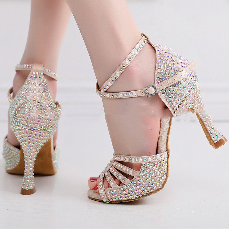Women’s Hot Rhinestone Latin Dance High Heel Shoes Soft Bottom Rhinestone