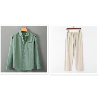 Summer New Casual Linen Shirt Men’s Loose Standing Collar - Green Beige / L