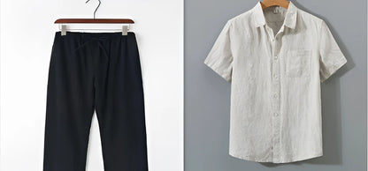 Summer New Casual Linen Shirt Men’s Loose Standing Collar - Gray Short set / M