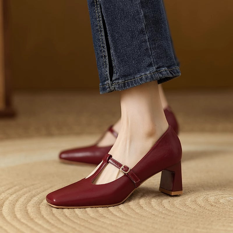Square Toe Low-cut Chunky Heel Mary Jane Shoes - Wine Red / 34