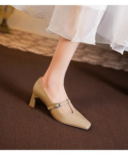 Square Toe Low-cut Chunky Heel Mary Jane Shoes - Apricot / 34