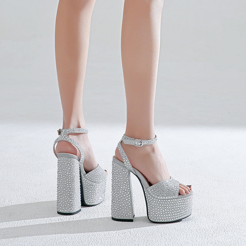 Women’s Leather Block Heel Rhinestone High Heel Sandals