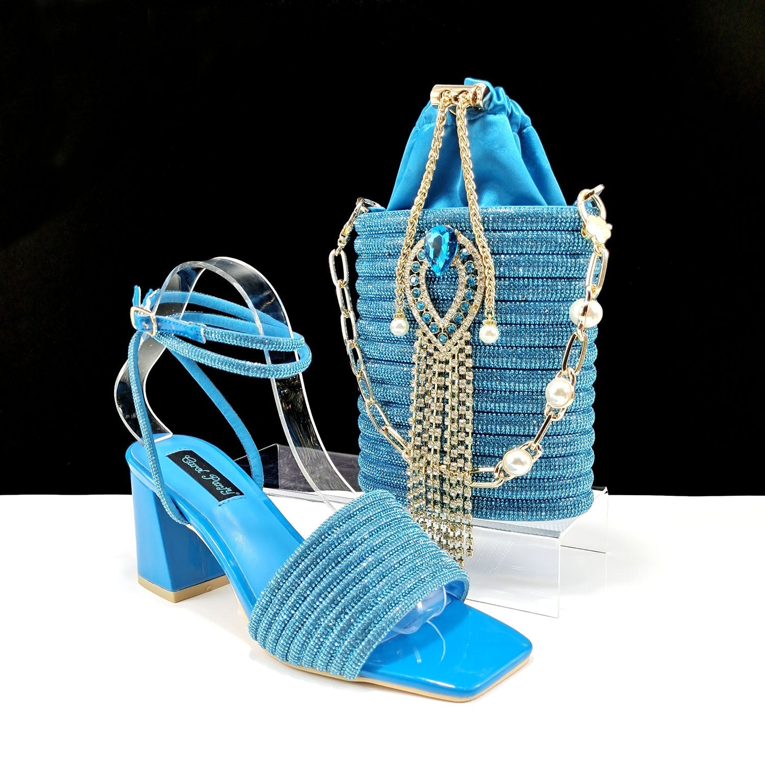 Square Toe Chunky Heel High Heels 8cm With Cylinder Handbag Shoes Bag Suit - Sky Blue / 38