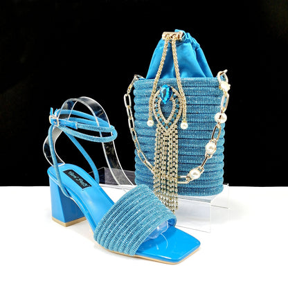 Square Toe Chunky Heel High Heels 8cm With Cylinder Handbag Shoes Bag Suit - Sky Blue / 38