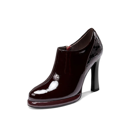 Spring And Autumn French Leather Waterproof Burgundy High Heels - Wine Red / 34
