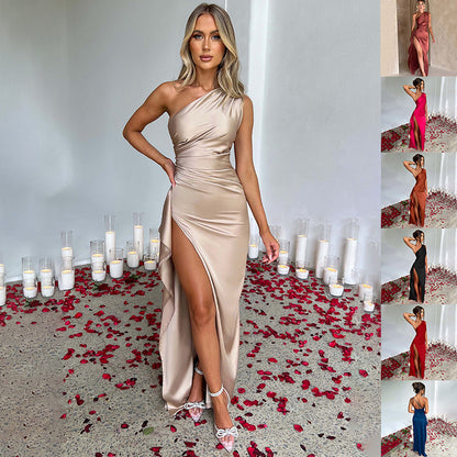 Sexy One-Shoulder Backless Satin Slit Dress for Women