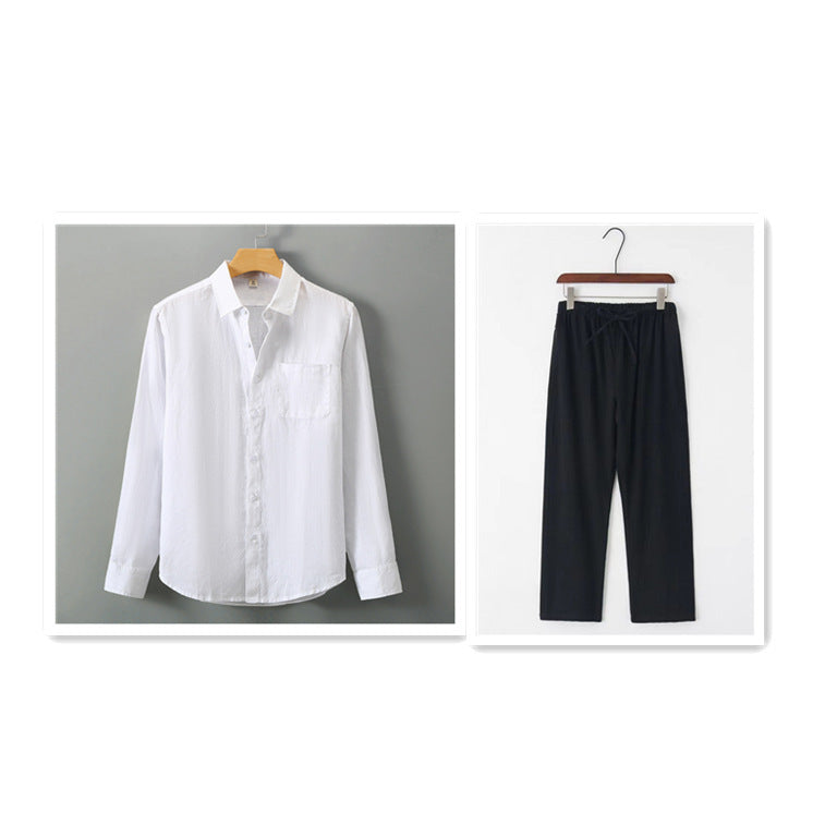 Summer New Casual Linen Shirt Men’s Loose Standing Collar - White set / M