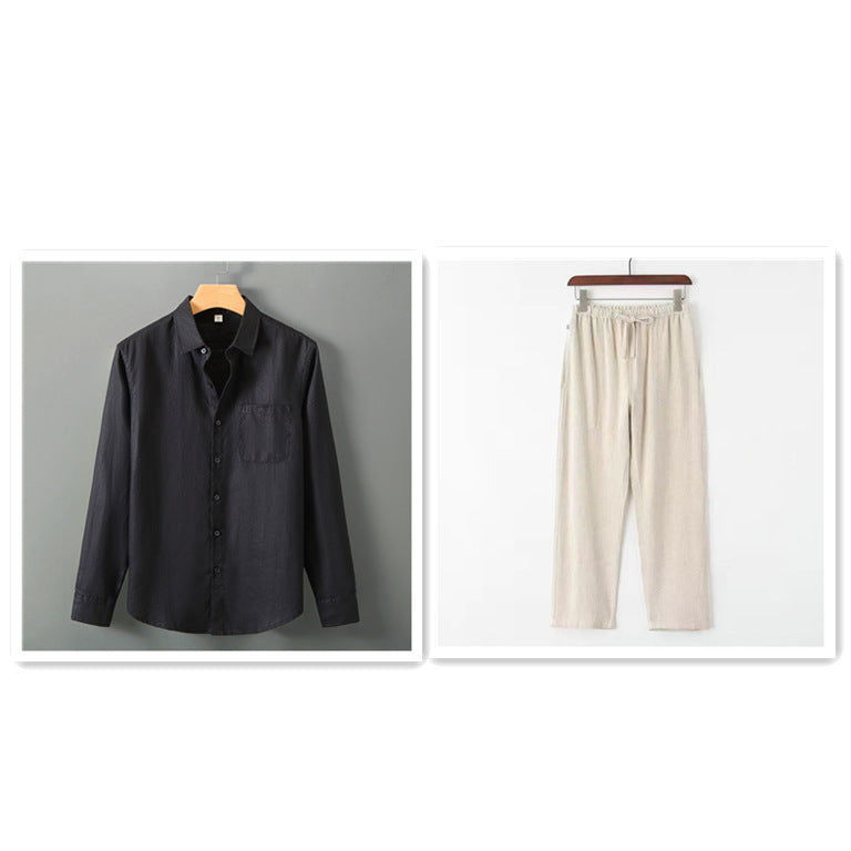 Summer New Casual Linen Shirt Men’s Loose Standing Collar - Black Beige / M