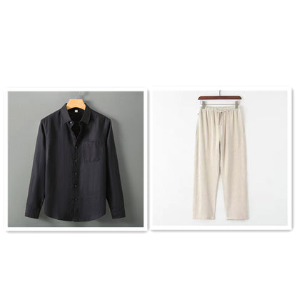 Summer New Casual Linen Shirt Men’s Loose Standing Collar - Black Beige / M