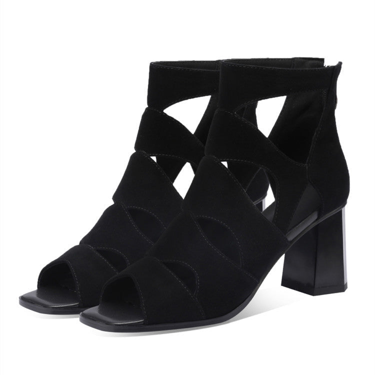 Women’s New Frosted Hollow Fish Mouth Chunky Heel Sandals