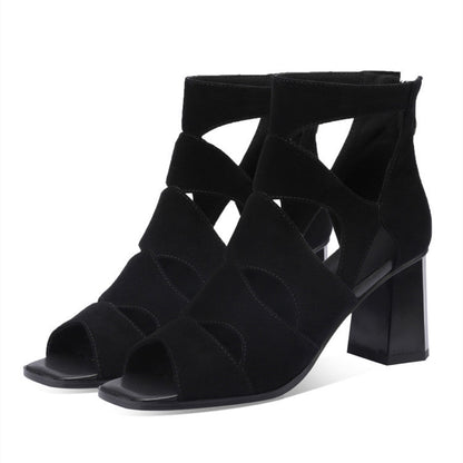 Women’s New Frosted Hollow Fish Mouth Chunky Heel Sandals