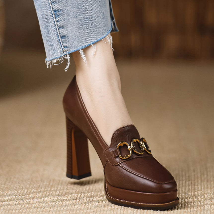 Women’s Brown Thick-heeled Sheepskin Shoes