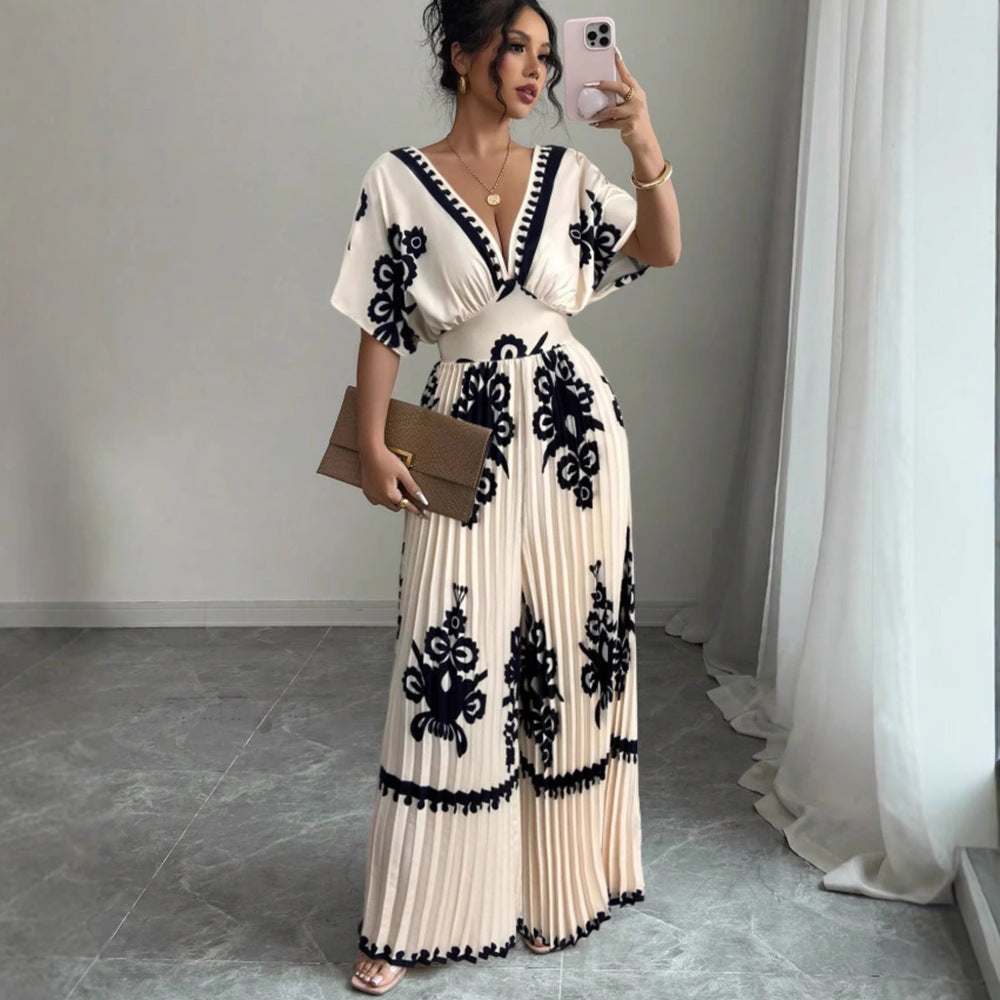 Trendy Printed Short-Sleeve Jumpsuit - Paternora