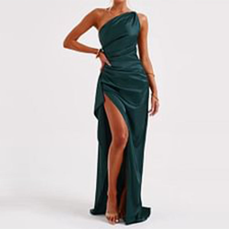 Sexy One-Shoulder Backless Satin Slit Dress for Women - Image color / Xs
