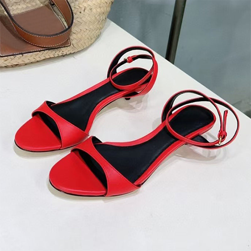 Women’s Leather French-style Retro Open Toe Sandals With Kitten Heel - Red / 35