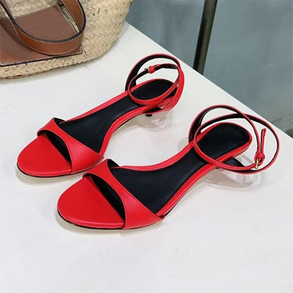 Women’s Leather French-style Retro Open Toe Sandals With Kitten Heel - Red / 35