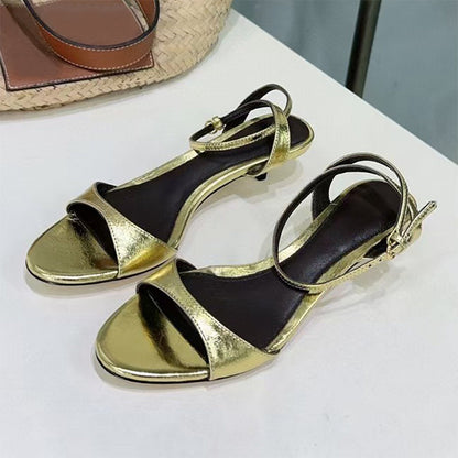 Women’s Leather French-style Retro Open Toe Sandals With Kitten Heel - Gold / 35