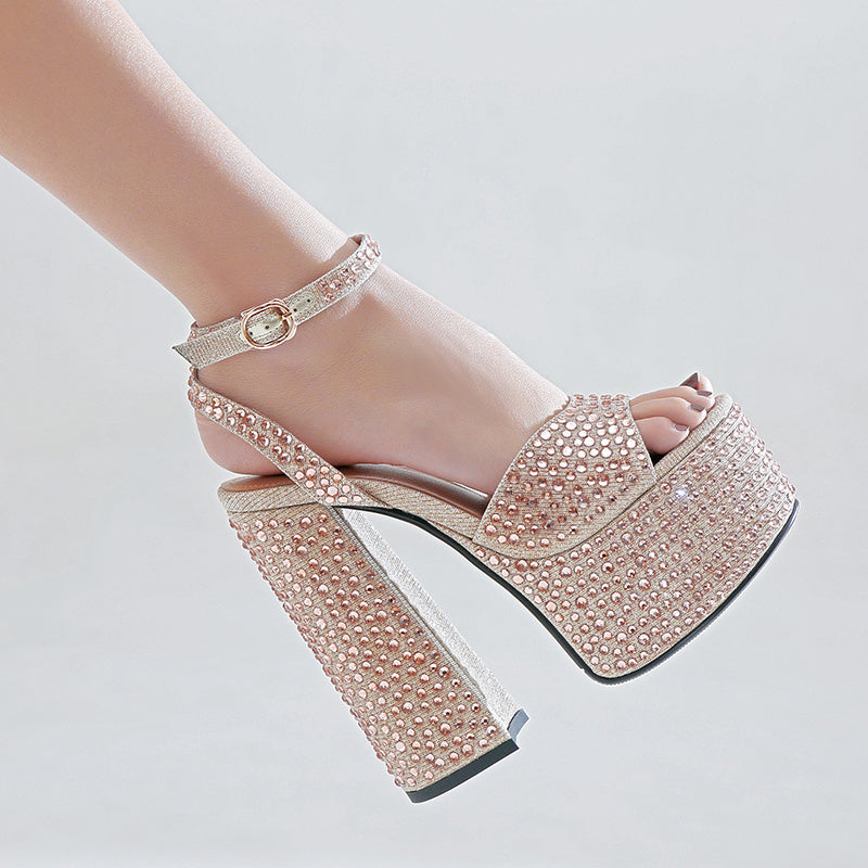 Women’s Leather Block Heel Rhinestone High Heel Sandals