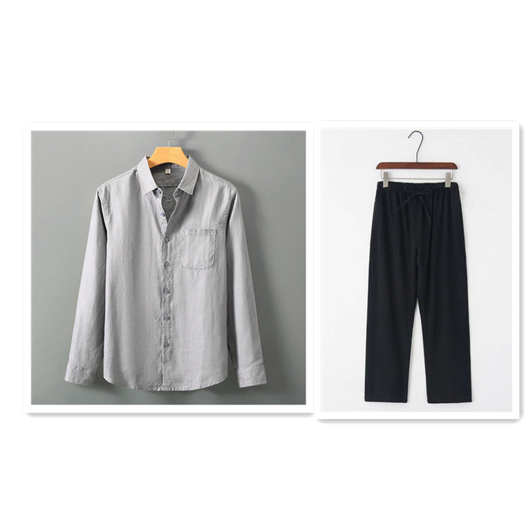 Summer New Casual Linen Shirt Men’s Loose Standing Collar - Grey Black / 3XL