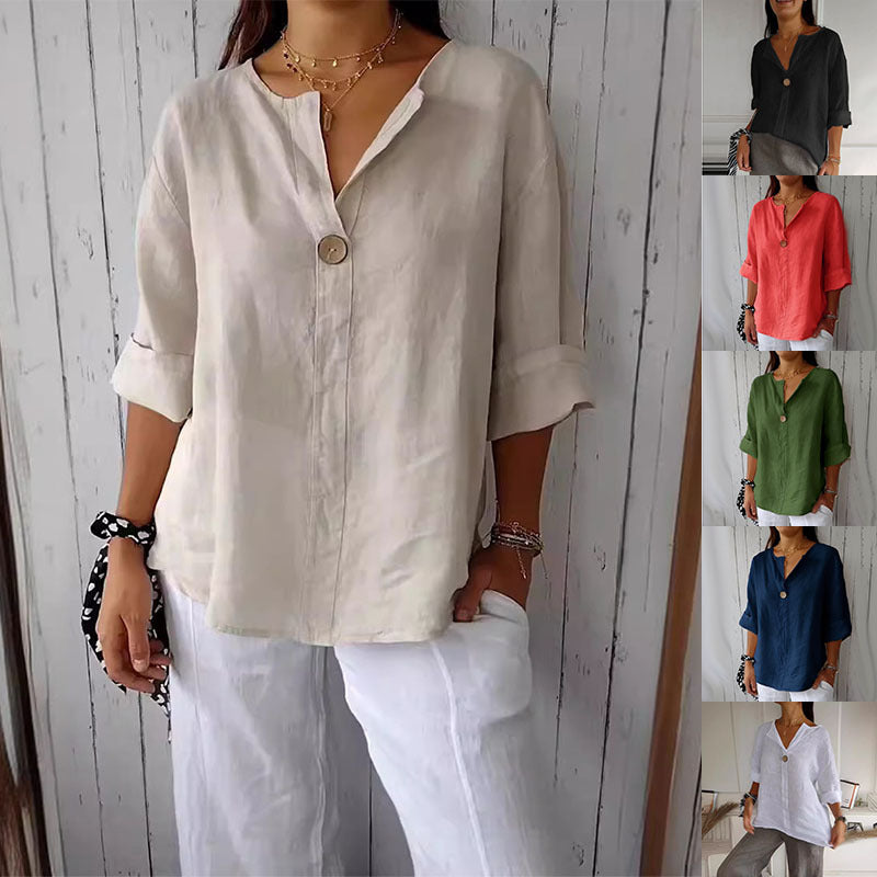 Loose Fashion Button V-Neck Top for Women - Paternora