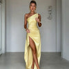 Sexy One-shoulder Backless Slit Dress Summer Elegant Slim-fit Solid Color Satin Dresses For Women