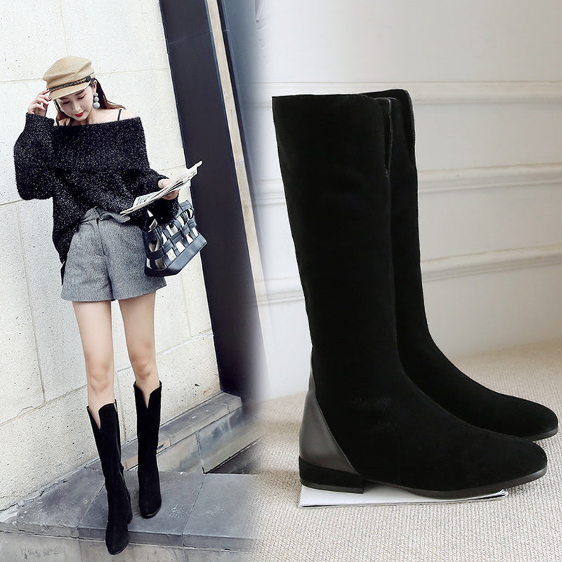 Women’s New Leather Scrub Thick Heel High Boots