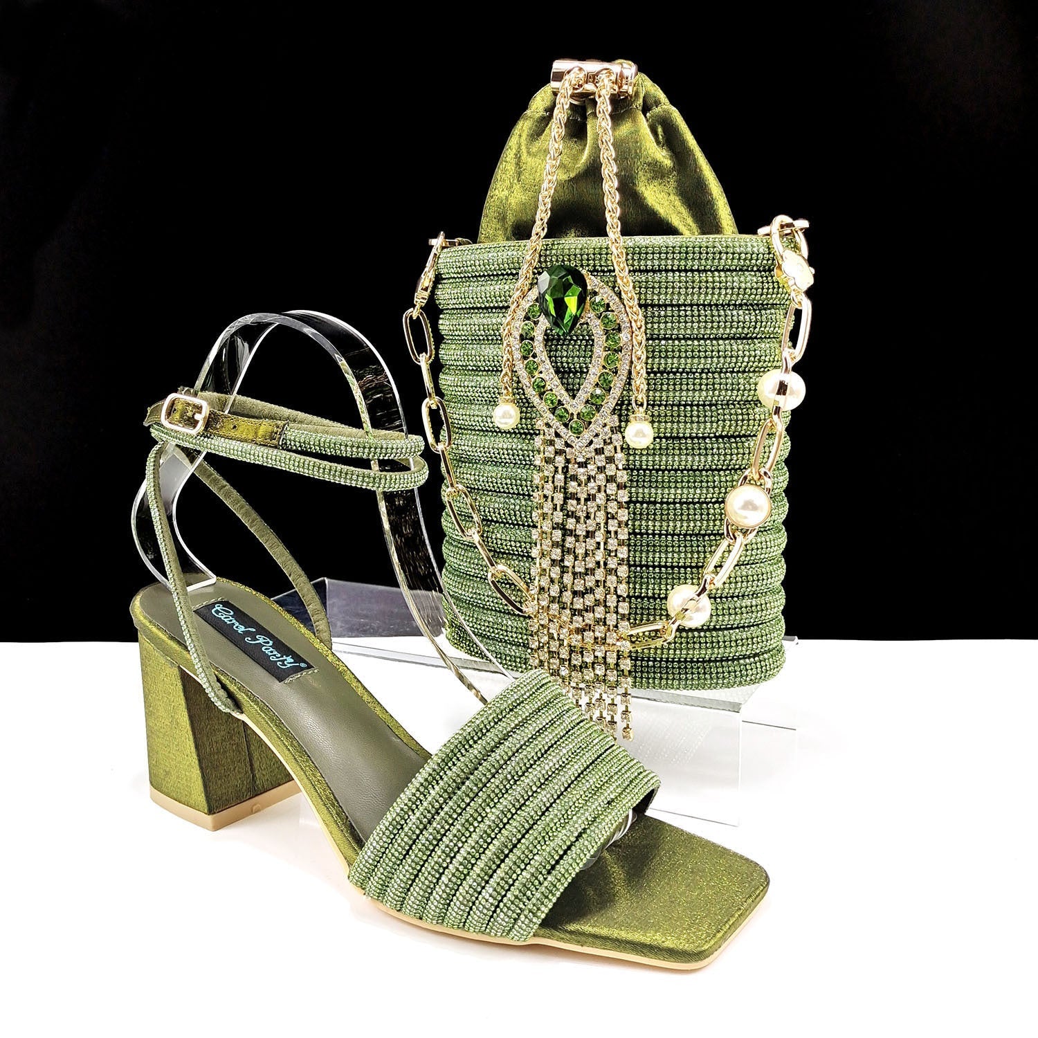 Square Toe Chunky Heel High Heels 8cm With Cylinder Handbag Shoes Bag Suit - Olive Green / 38