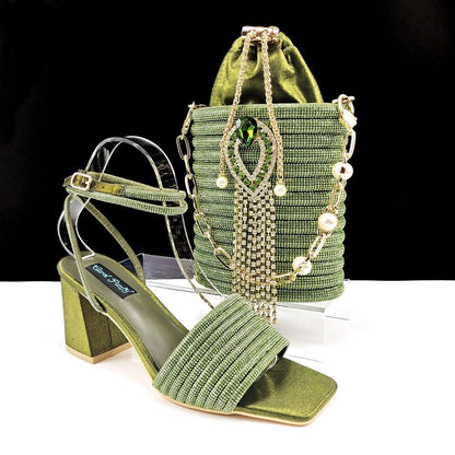 Square Toe Chunky Heel High Heels 8cm With Cylinder Handbag Shoes Bag Suit - Olive Green / 38