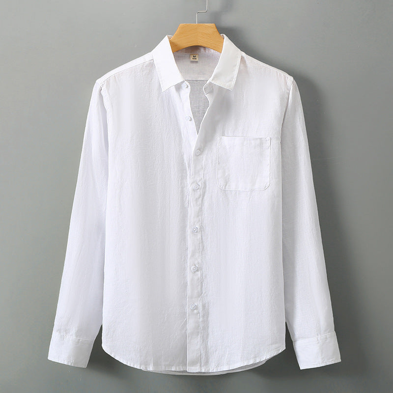 Summer New Casual Linen Shirt Men’s Loose Standing Collar - White top / 3XL