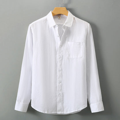 Summer New Casual Linen Shirt Men’s Loose Standing Collar - White top / 3XL